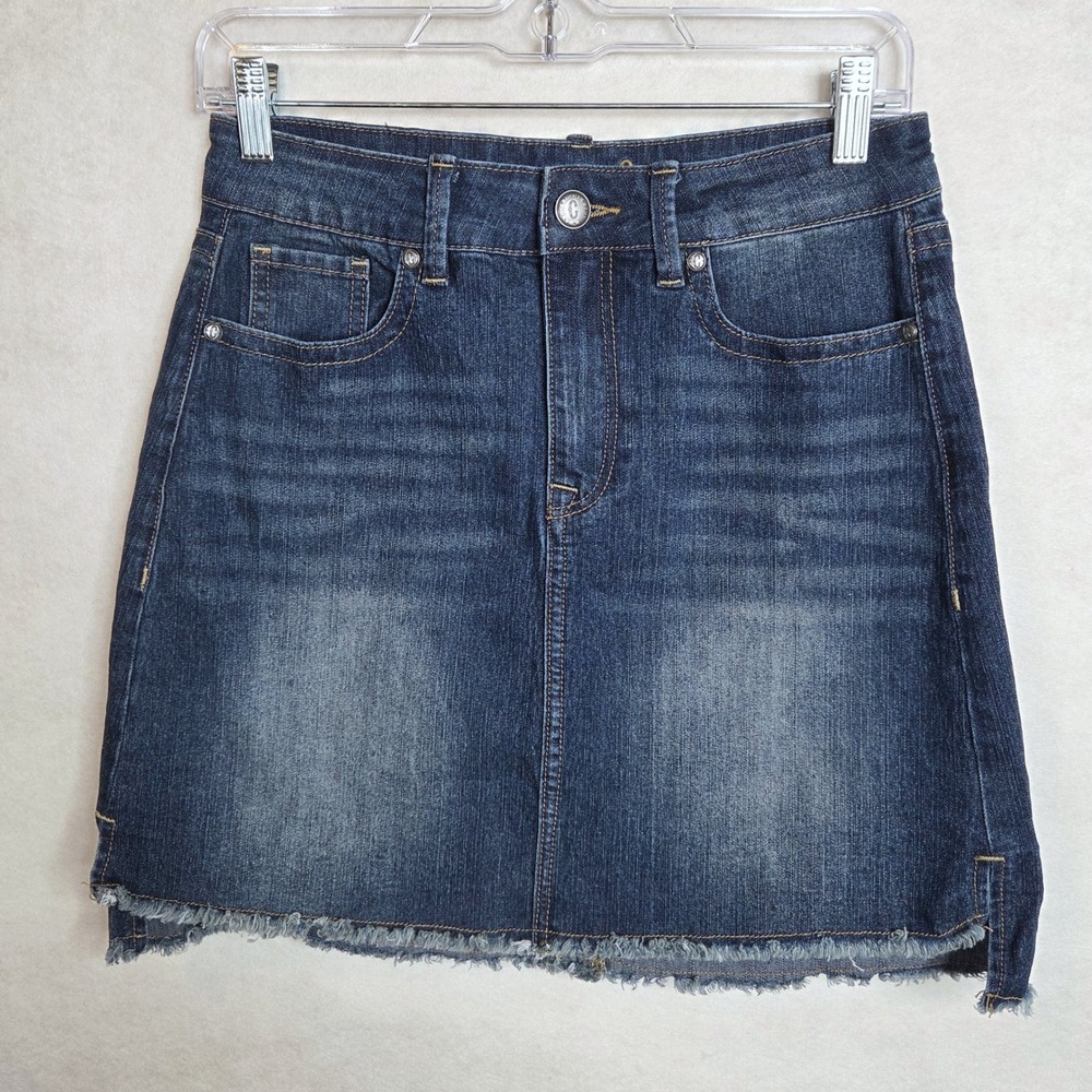Rockin G Women's Blue Denim Mini Skirt Distressed Frayed Hem Size S‎
